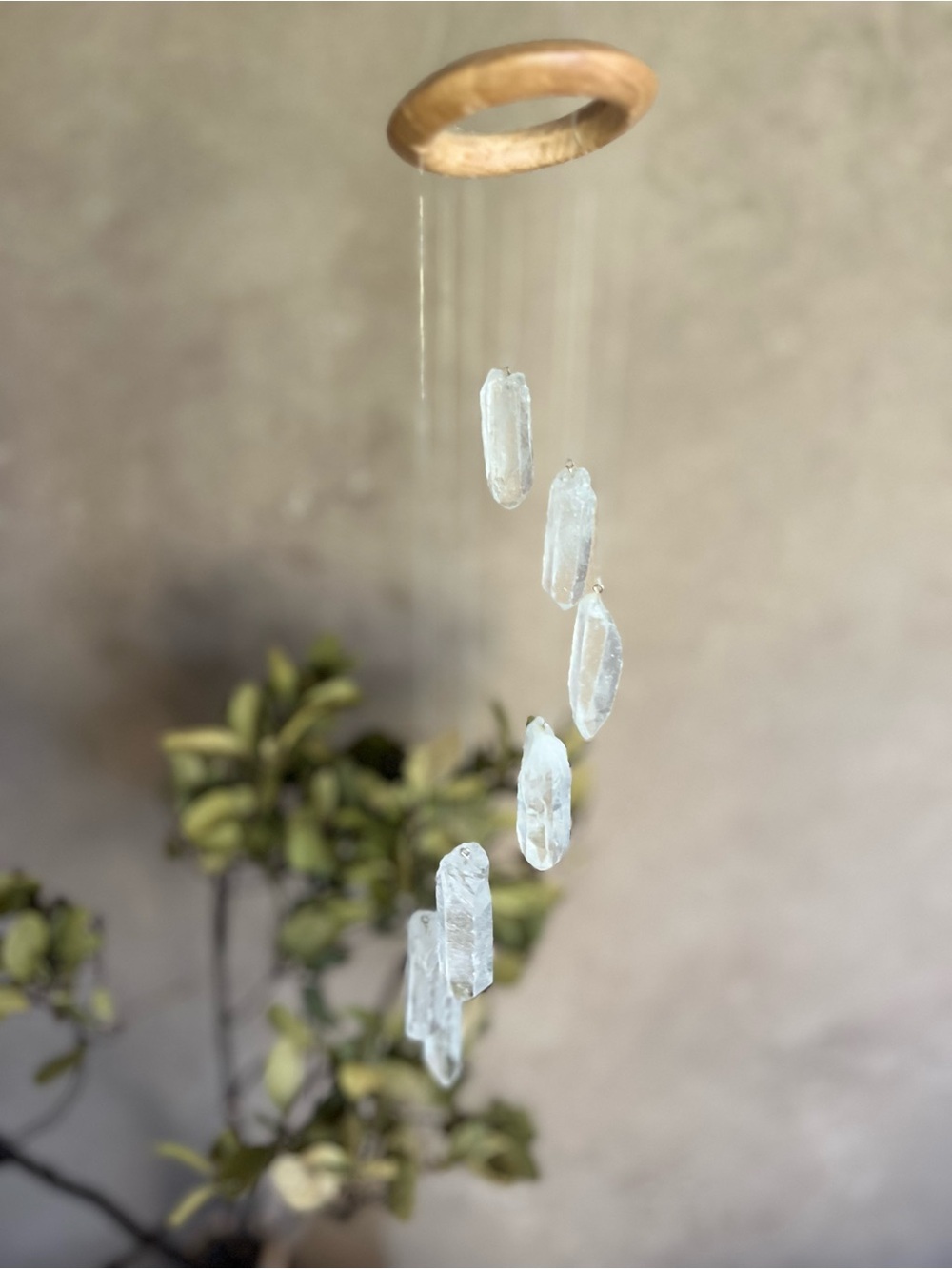 Real Crystal Quartzite Hanging Mobile Wind Chime with Natural Wood Rings - Picture 6 of 10